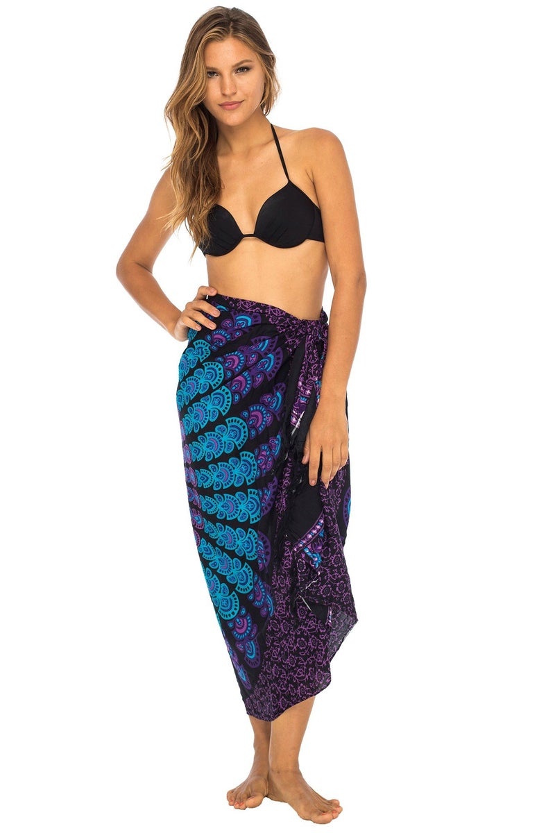 Back From Bali Womens Beach Swimsuit Bikini Cover Up Wrap and Clip Sarong Peacock Black Purple - Image 1